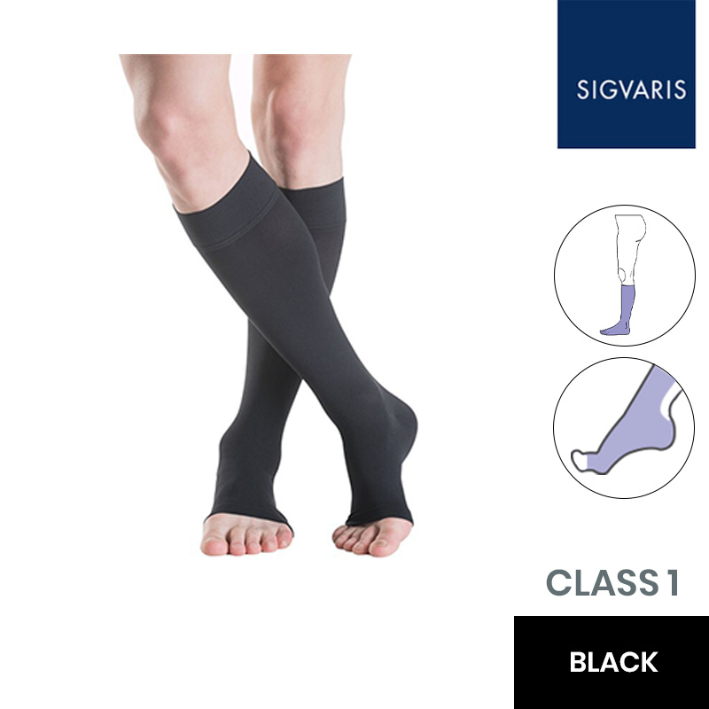 Sigvaris Essential Thermoregulating Class 1 (18-21mmHg) Knee High Black Compression Stockings with Open Toe